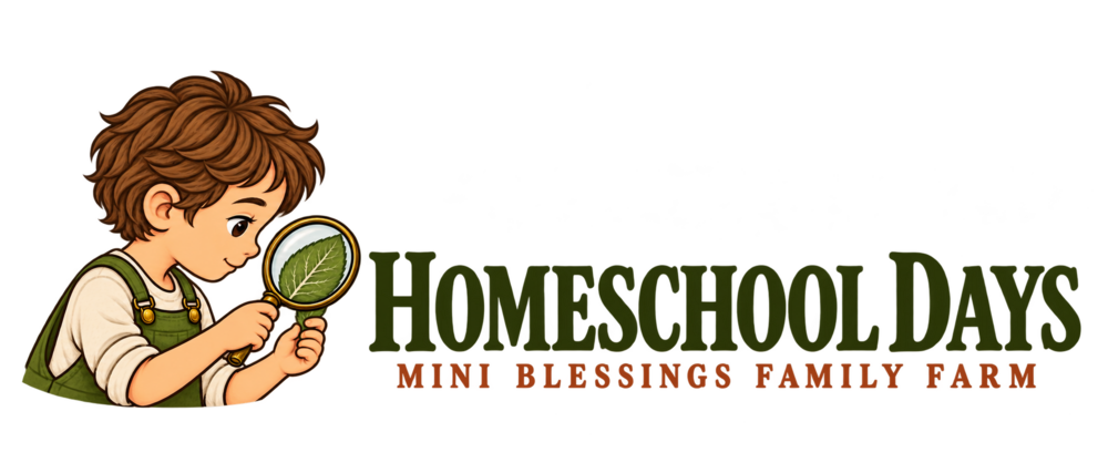 Homeschool Days at Mini Blessings Family Farm — a young explorer studying a leaf